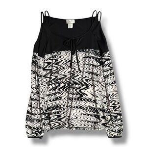 JonDen Black & White Patterned V-Neck Tie-Front Blouse Cold Shoulder Women's Med